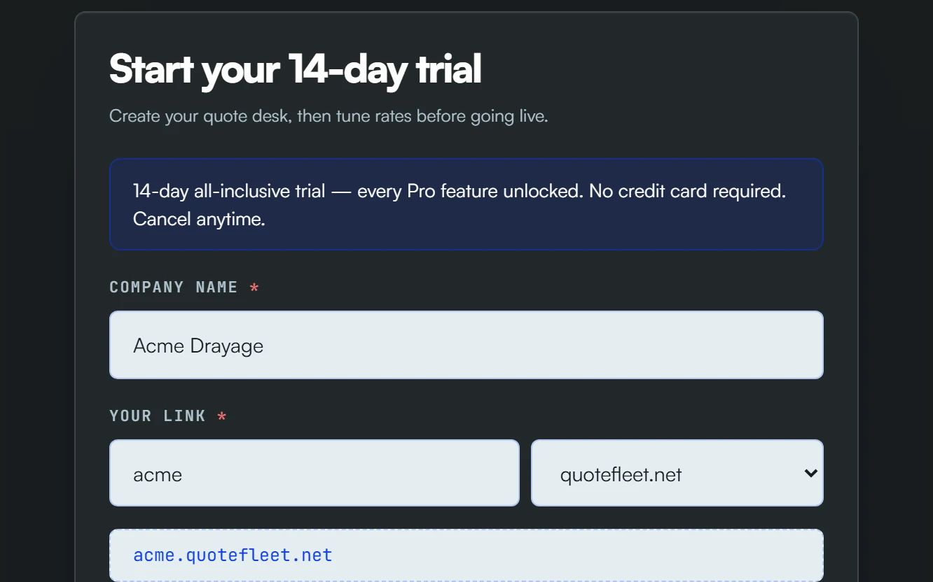 QuoteFleet sign-up screen — start your 14-day trial, no credit card required